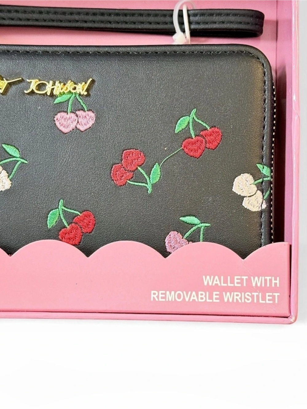 Betsey Johnson Cherry Embroidered Wallet with Removable Wristlet, Black & Pink - Picture 4 of 4